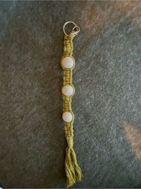 Handwoven Green Macrame Keychain with White Beads